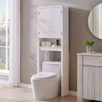 Over the Toilet Storage Cabinet, 69.69" Curved Bathroom Storage Organizer Cabinet with Doors and Adjustable Shelves, Wooden Free Standing Toilet Space Saver Rack, White