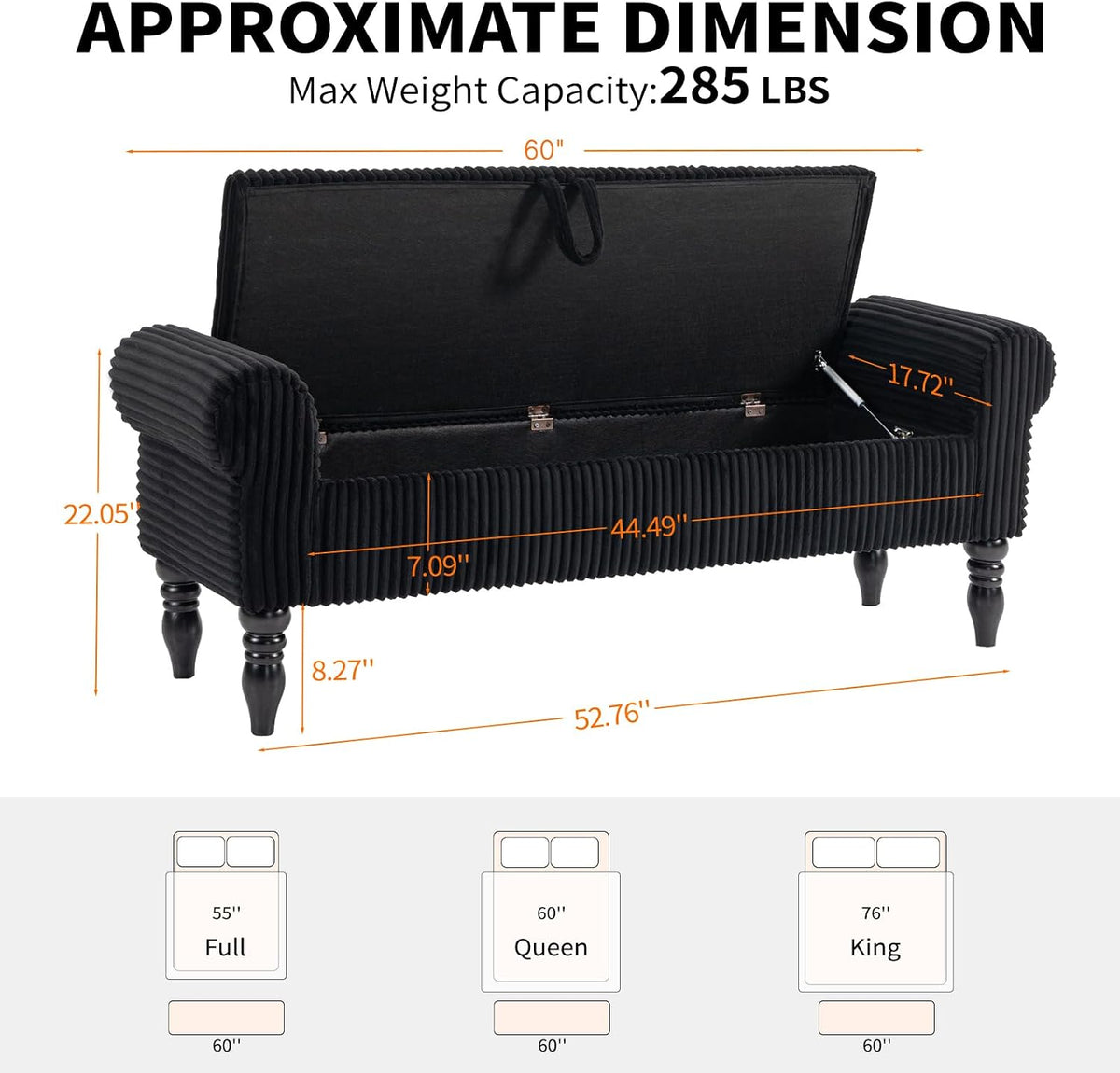60" Corduroy Storage Bench, Queen End of Bed, Black