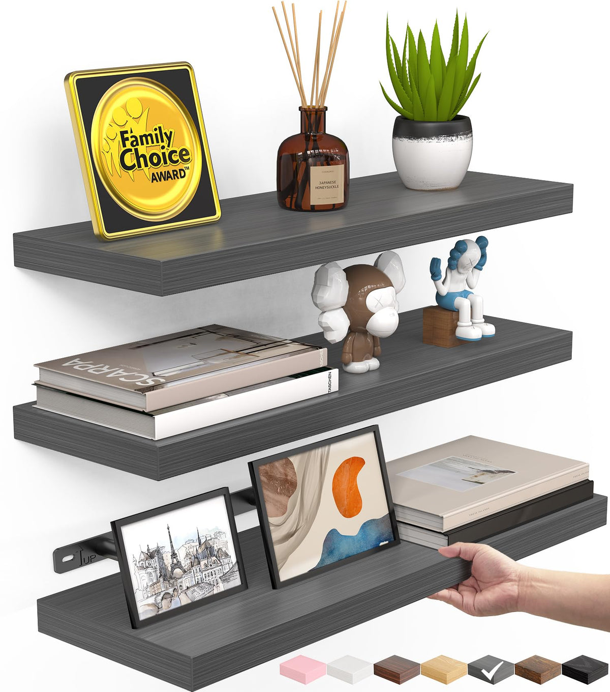 BAYKA Rustic Brown Floating Shelves 35.4in, Set of 2, Wall Mount Wood Shelf