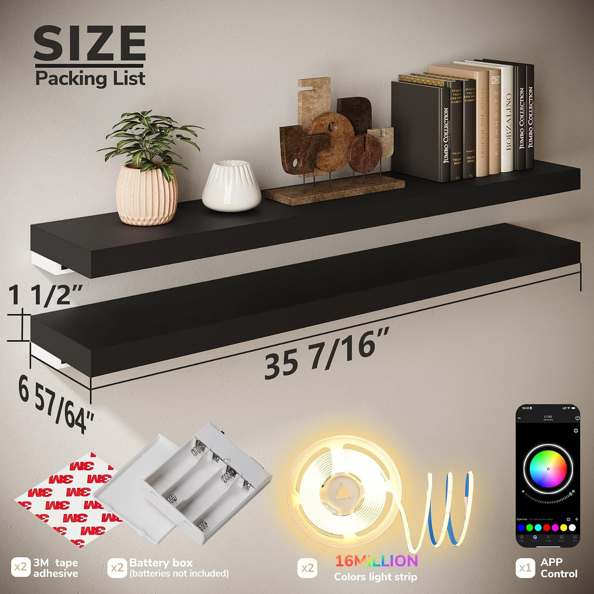 BAMEOS RGB LED Floating Shelves for Wall, 35" Wall Mounted Wooden Shelves with Invisible Brackets, Set of 2, Hanging Wall Shelves for Bedroom, Living Room, Kitchen, Study(Black)