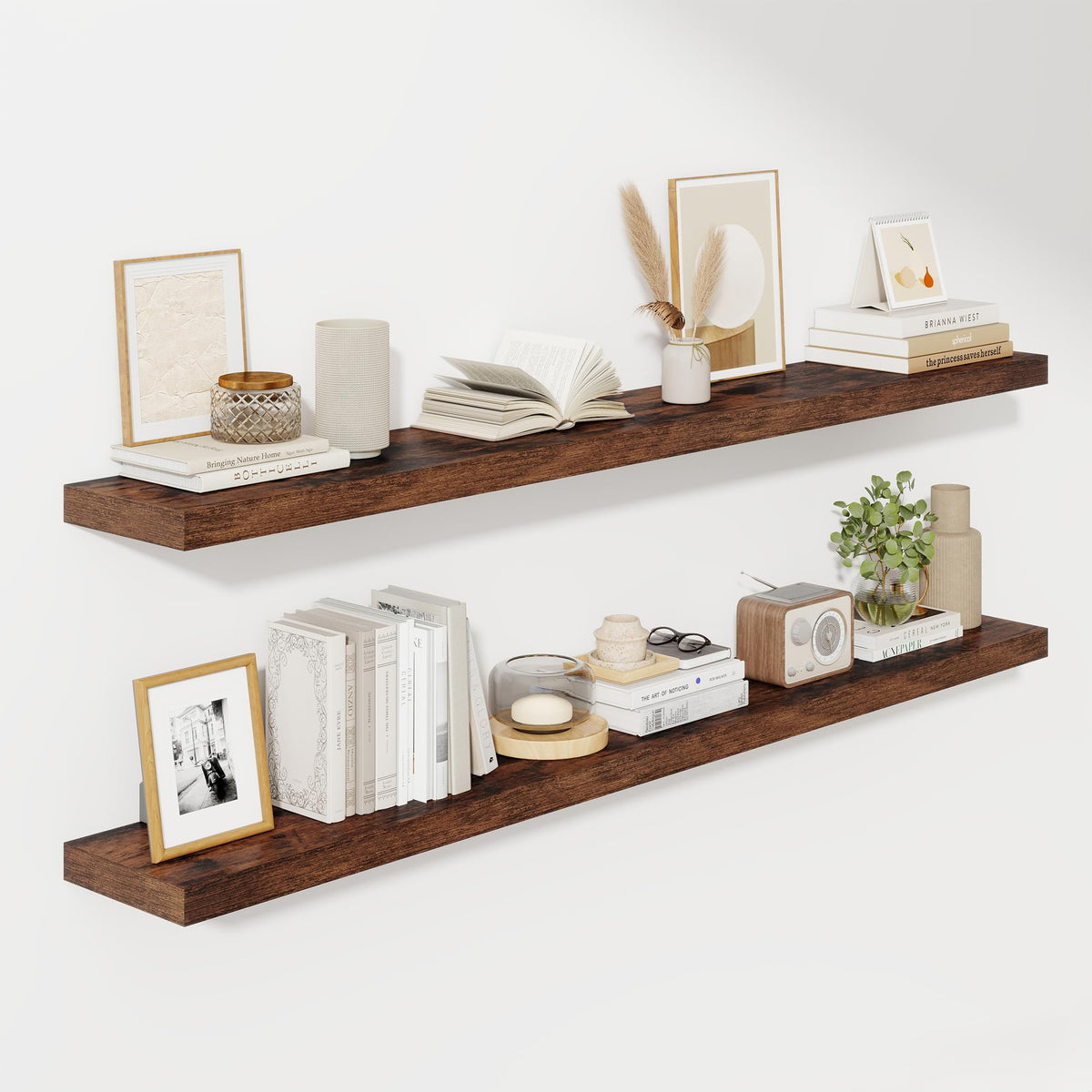 Fun Memories Floating Shelves - 2 Pack 12 Inch Rustic Wooden Wall Shelves - Extra Deeper & Thicker Wall Mounted Storage Shelf for Living Room, Kitchen, Farmhouse - 36" W x 12" D x 1.8" H - Brown