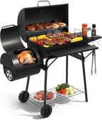 VINGLI Barrel Charcoal Grill with Offset Smoker, Built-in Lifting Carbon Mesh, Large Charcoal Barbecue Smoker Grill Combo for Outdoor Backyard Patio Camping Parties 52 × 20 × 44 inch