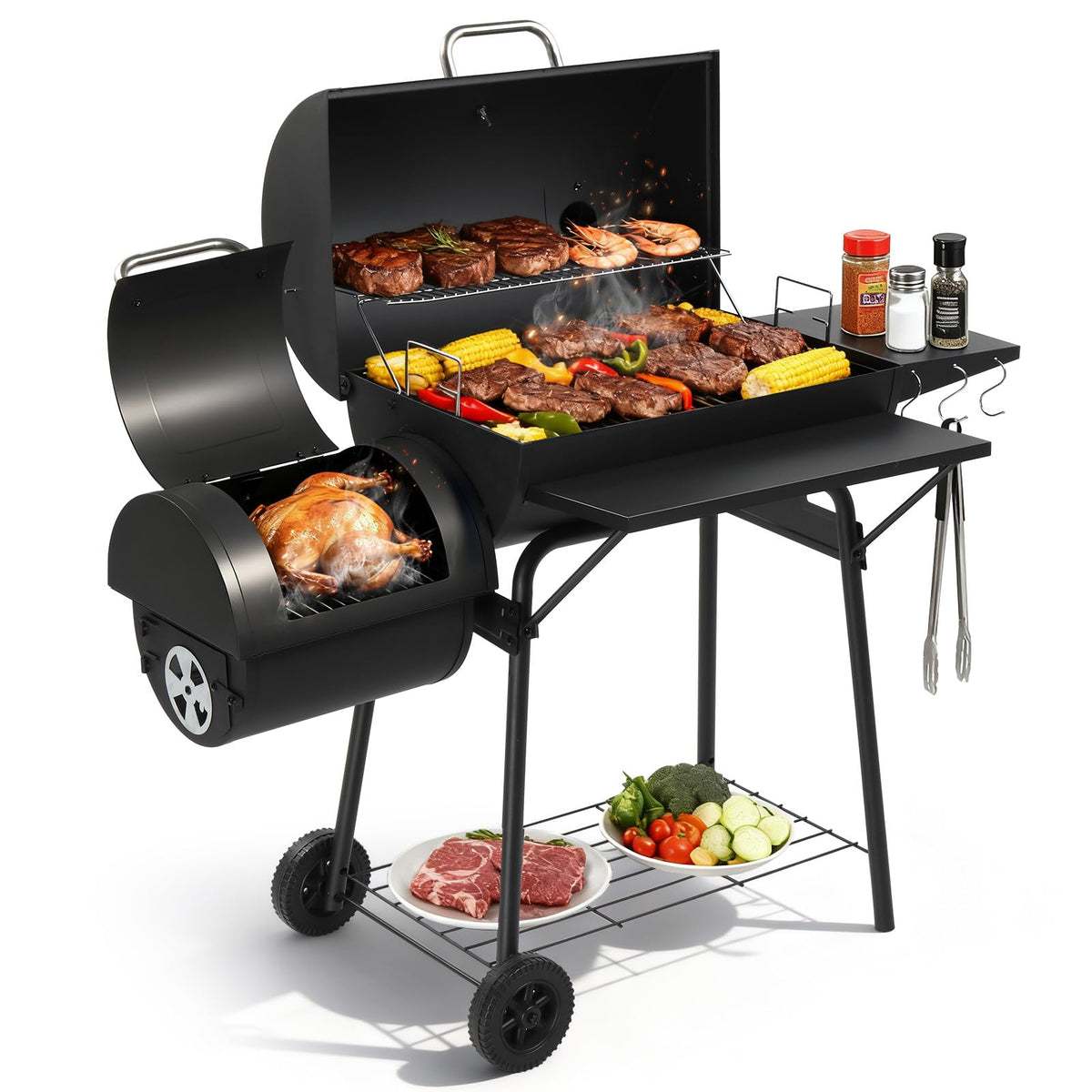 VINGLI Barrel Charcoal Grill with Offset Smoker, Large BBQ Outdoor Smoker Grill with Wheels for Party Garden Patio and Backyard Cooking 44 x 22 x 37 inch