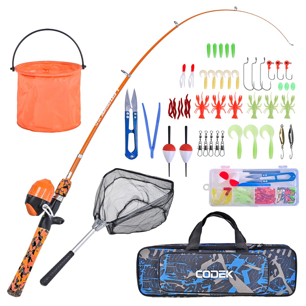 CODEK Kids Fishing Pole Set with Full Starter Kits 2 Set Portable Telescopic Fishing Rod and Spincast Reel Cambos with a Fishing Net and 2 Buckets for Boys Girls and Youth