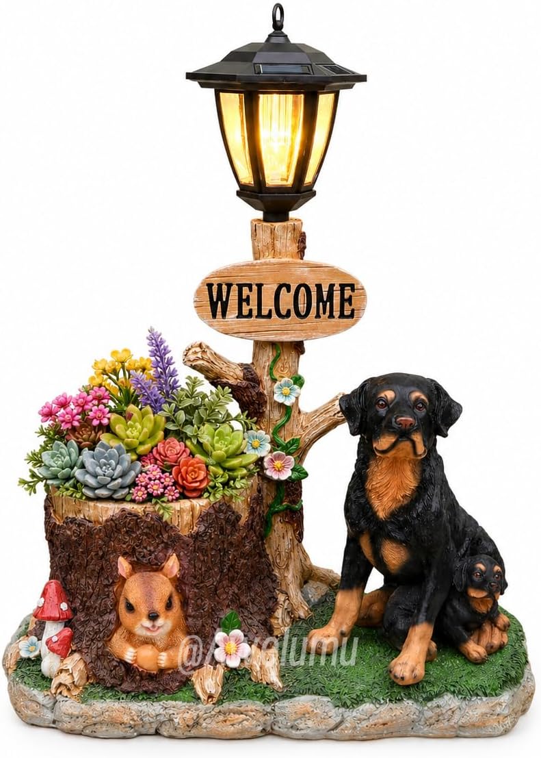 Solar Rottweiler Dog Statue with Welcome Sign & Lantern, 2 Dogs Garden Figurine Planter Pot, Realistic Outdoor LED Light for Porch, Yard Art & Lawn Decor, Unique Gift for Dog Lovers