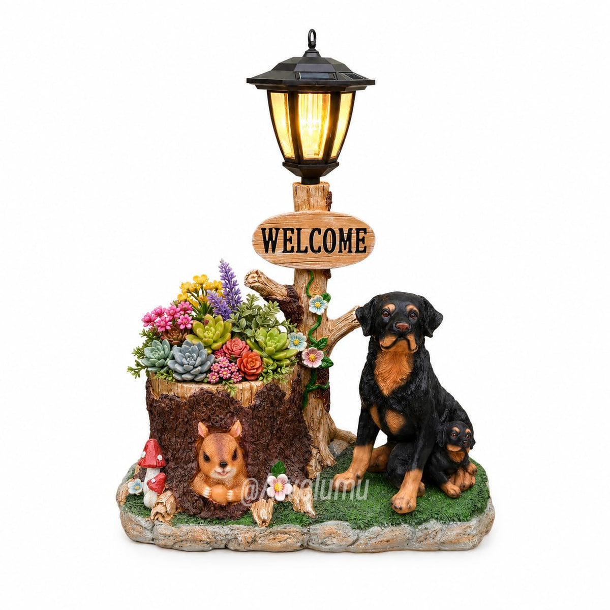 Solar Rottweiler Dog Statue with Welcome Sign & Lantern, 2 Dogs Garden Figurine Planter Pot, Realistic Outdoor LED Light for Porch, Yard Art & Lawn Decor, Unique Gift for Dog Lovers