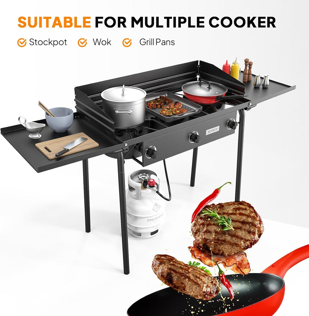ROVSUN 3 Burner Outdoor Propane Gas Stove with Windscreen, 2 Shelves & Bag