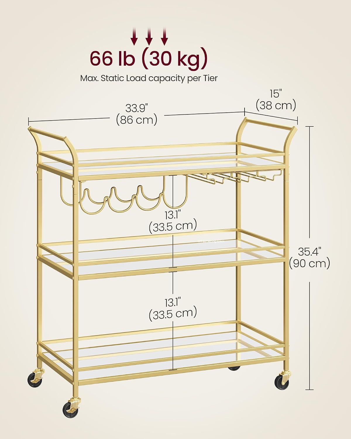 VASAGLE Bar Cart Gold, Large Home Bar Serving Cart with 3-Tier
