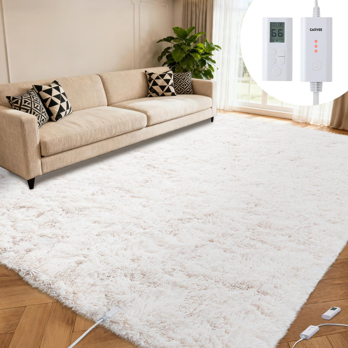 GarveeHome 5x7 ft Wireless Heated Floor Mat, Electric Heated Rug Gaming Rug with 6 Heat Levels & 10H Auto Off, Soft Plush Heating Carpet Foot Warmer for Living Room Bedroom Office Playroom, White
