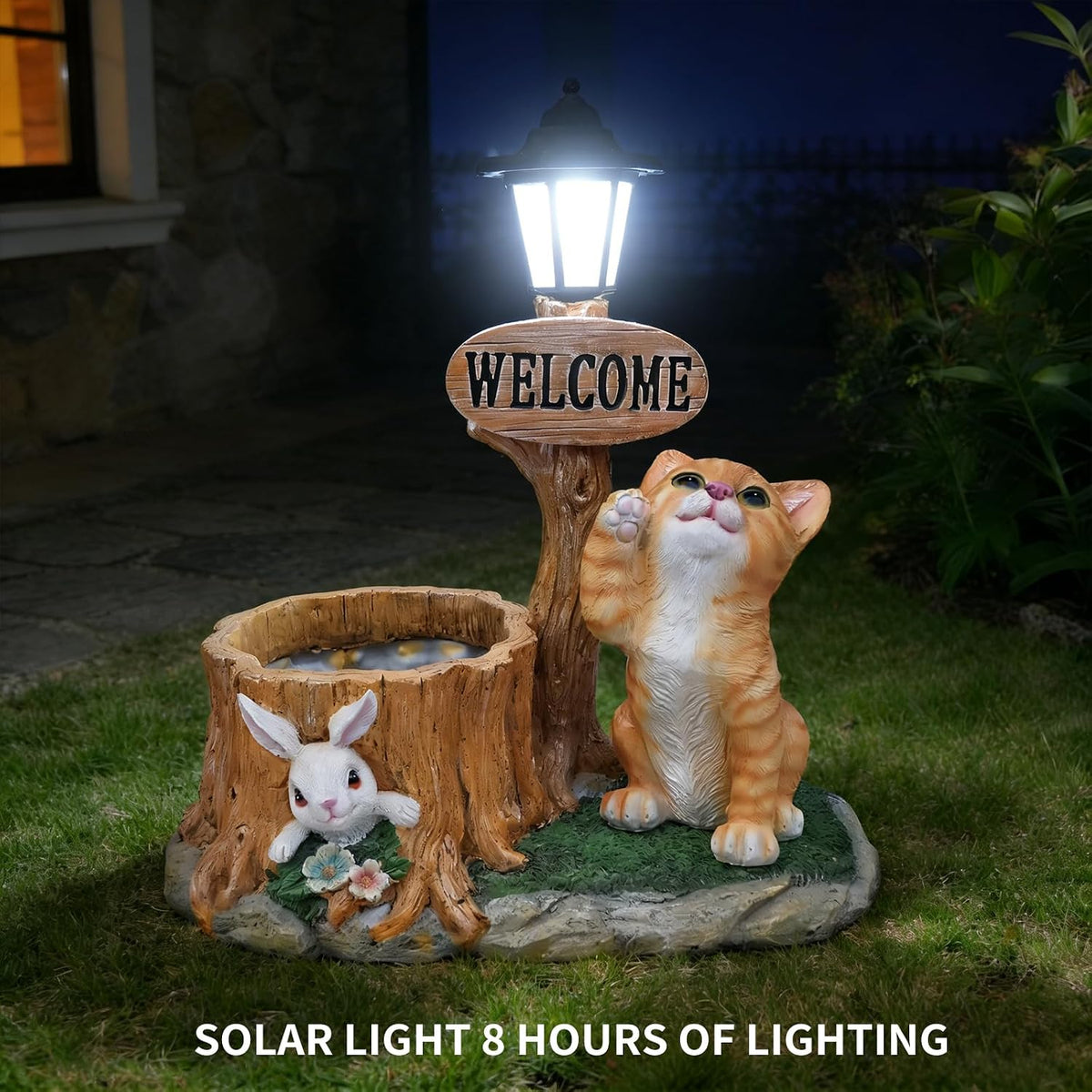 Solar Ginger Cat Statue with Welcome Sign & Lantern, Kitten Garden Figurine Planter Pot, Realistic Outdoor LED Light for Porch, Yard Art & Lawn Decor, Unique Gift for Cat Lovers