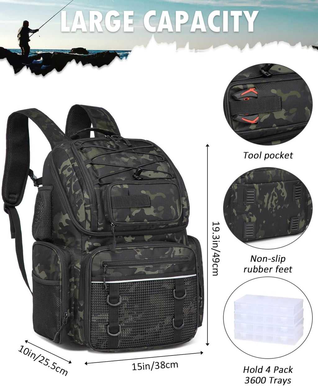 HAMBOLY 50L Fishing Backpack with Tackle Boxes, Cooler & Rod Holders
