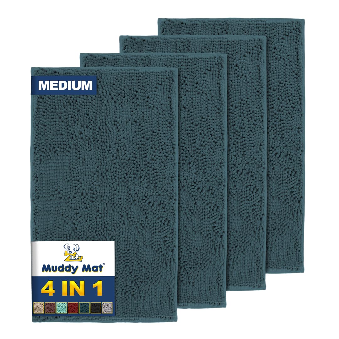 Muddy Mat® 4-Piece Grey Medium 30"X19" AS-SEEN-ON-TV Highly Absorbent Microfiber Door Mat, Bath Mat and Pet Rug, Non Slip Thick Washable, Soft Chenille for Kitchen Bathroom Bedroom Indoor and Outdoor