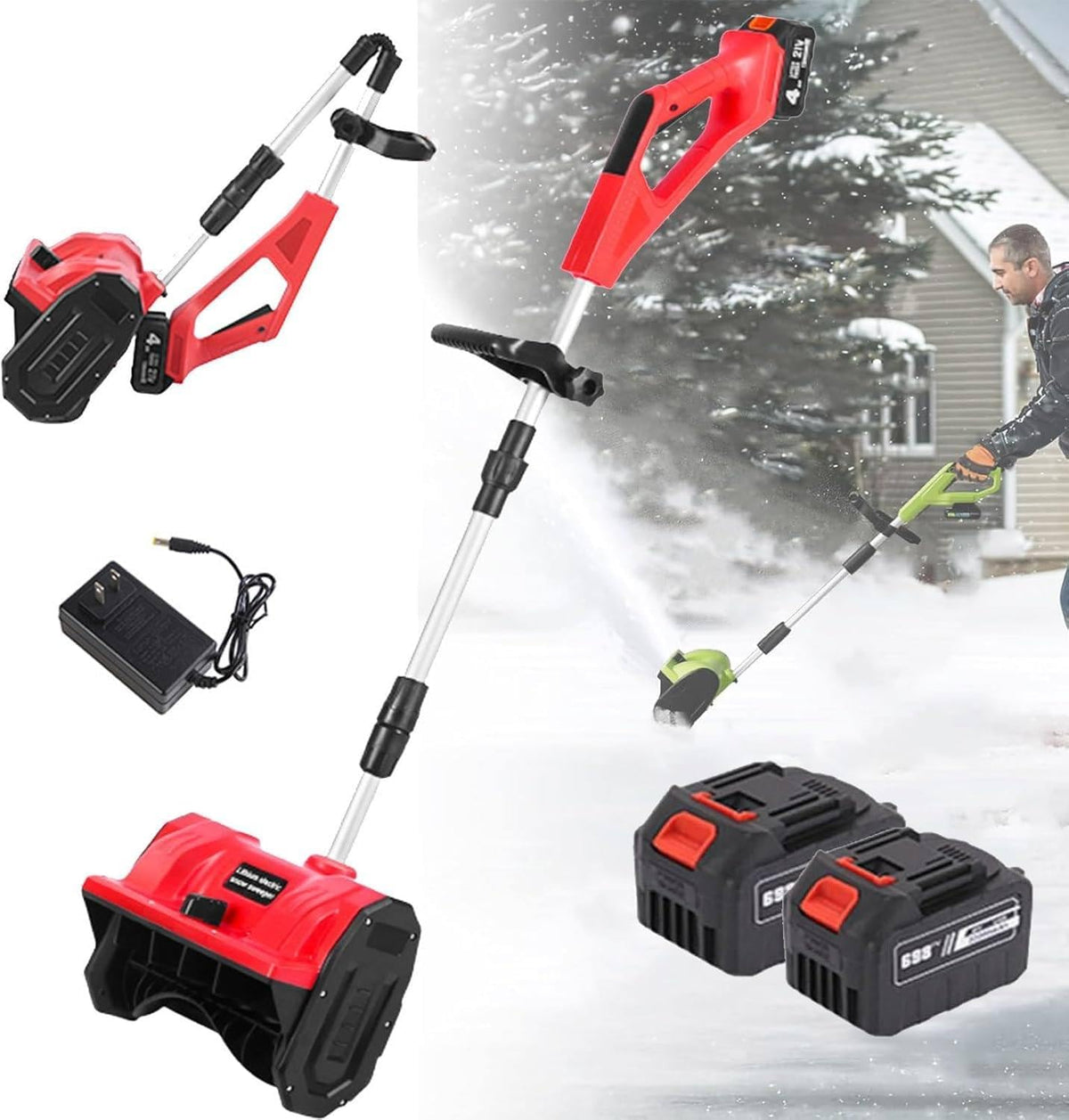 Lightweight Cordless Electric Snow Shovel with Directional Plate, Battery Powered 33000r/min Snow Blower Thrower & Adjustable Front Handle, for Driveway Deck Red