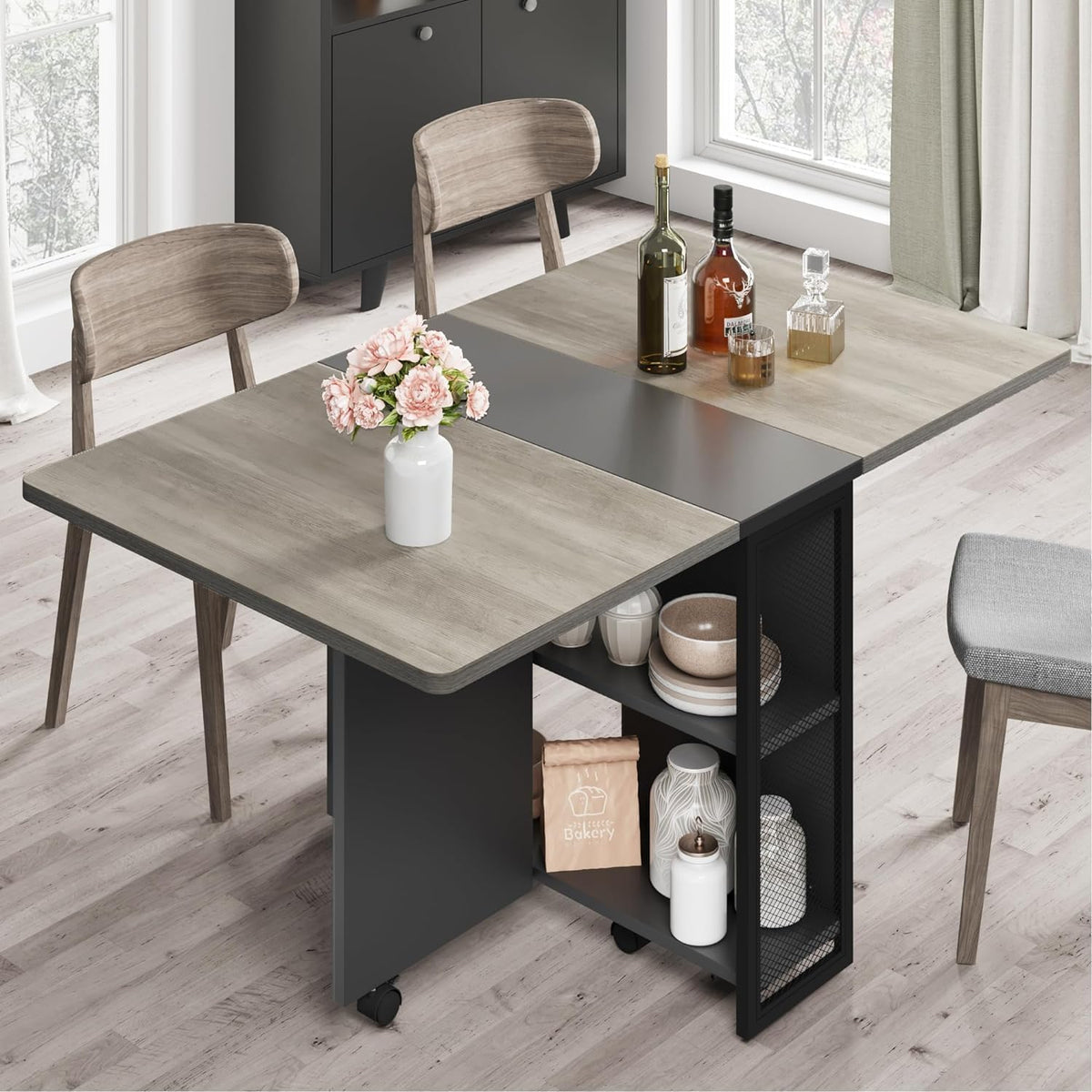 IDEALHOUSE FoldingTable, Drop Leaf Dining Table with 6 Wheels and 2-Layer Storage Shelf, Space Saving Table for Small Spaces (Slate Oak, 47.2" D x 23.6" W x 29.5" H)