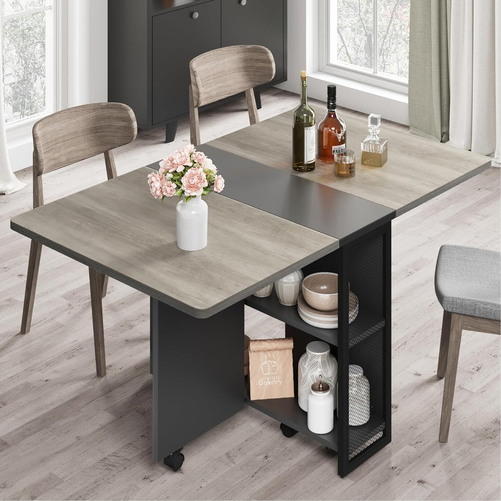 IDEALHOUSE FoldingTable, Drop Leaf Dining Table with 6 Wheels and 2-Layer Storage Shelf, Space Saving Table for Small Spaces (Natural Wood, 50.1" D x 31.4" W x 29.5" H)