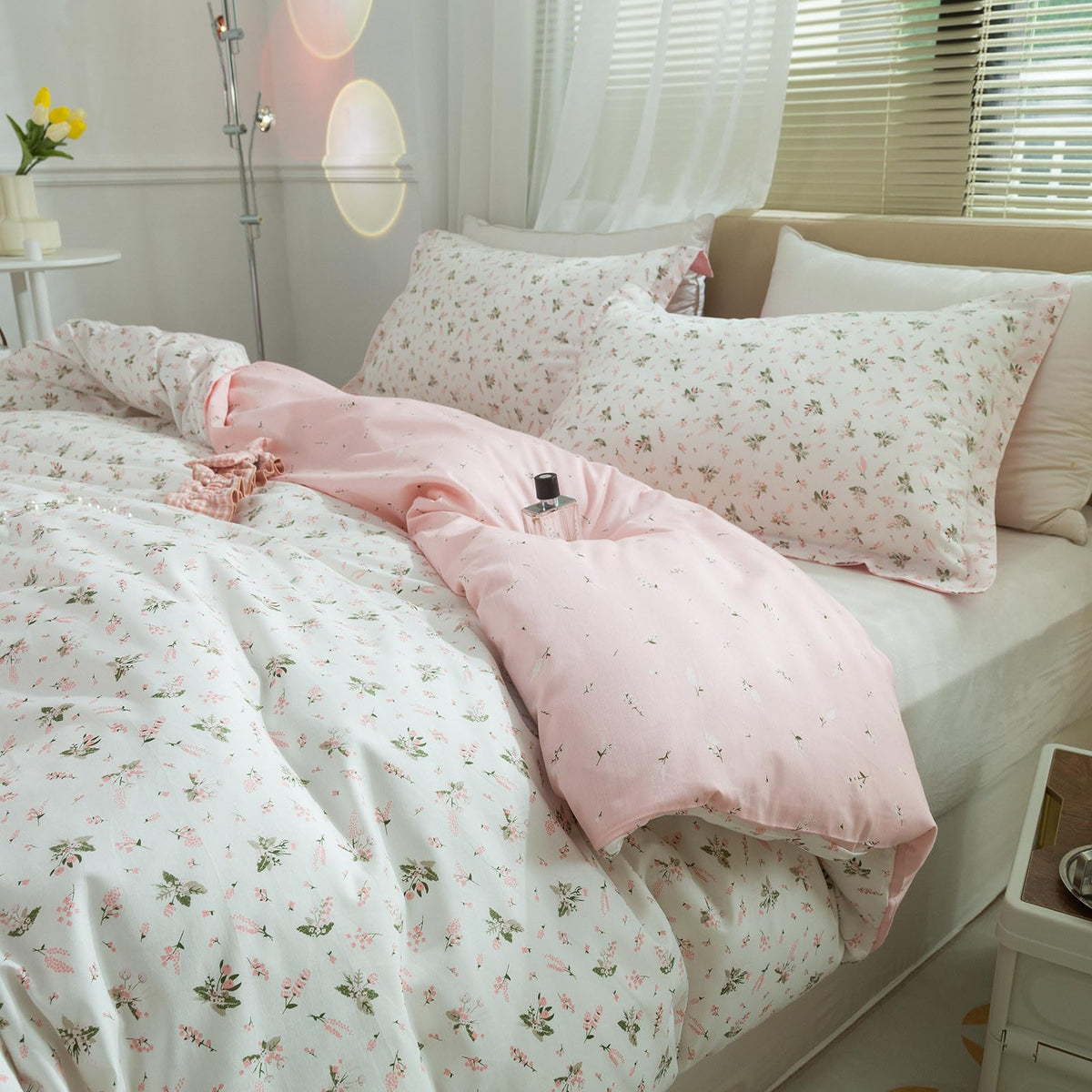 Floral Duvet Cover Set Muslin Cotton Queen(90"x90"),Pink Flower