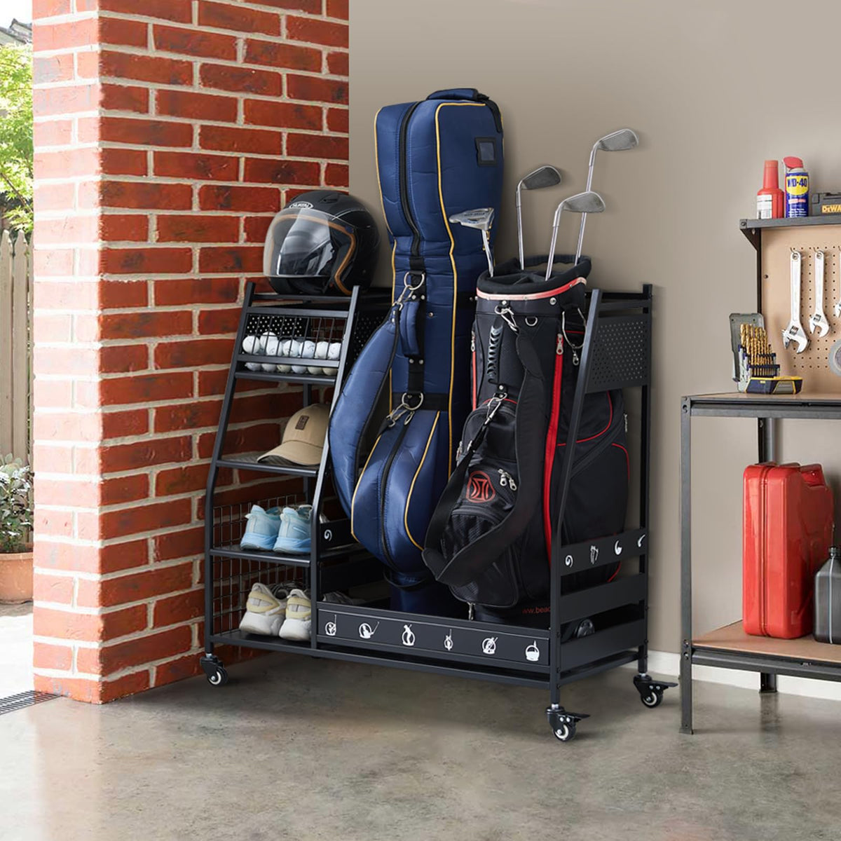Lauren&Harold Golf Bag Organizer Garage Storage, Golf Storage Rack Stand Fits 2 Golf Bags, Golf Clubs and Other Golfing Equipment Accessories, Golf Organizer for Garage, Club, Shed, Basement
