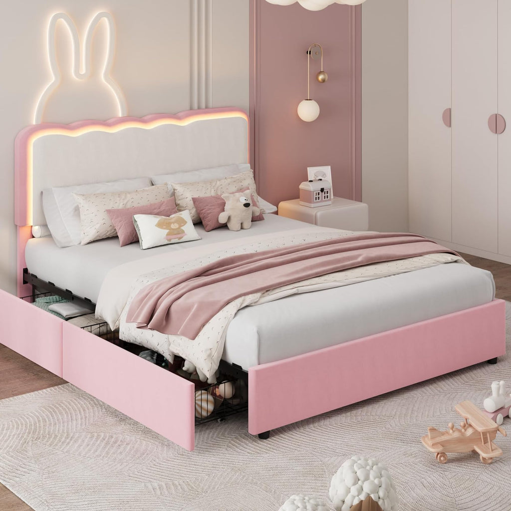 IDEALHOUSE Twin LED Bed, 2 Drawer Trundle, Pink Wave Headboard