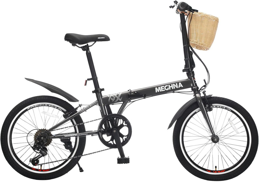 20 Inch Folding Bike for Adults with Basket & Phone Holder, 6-Speed City Commuter, Steel Frame Portable Compact Bicycle with Dual V-Brakes, Fenders, Foldable for Men Women