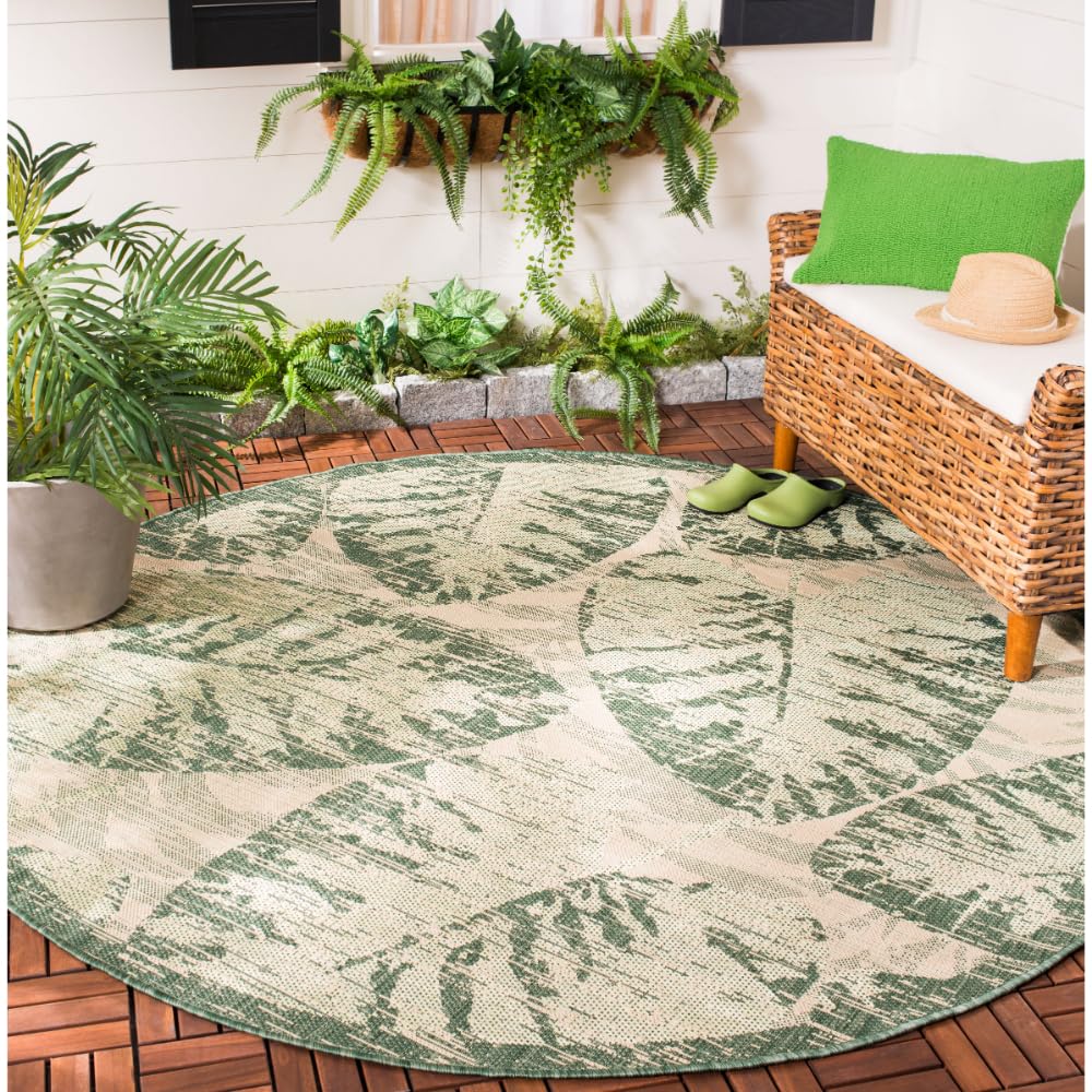 SAFAVIEH Washable Rug Outdoor Courtyard Collection - 6'7" Round, Green & Beige, Non-Shedding & Easy Cleaning, Ideal for Patio, Backyard, Mudroom (CY7556-21812)