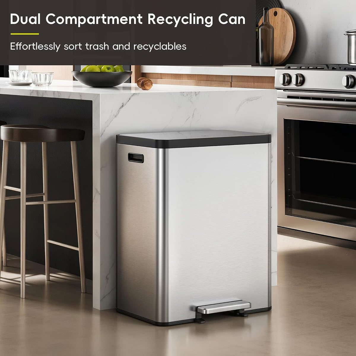 EKO EcoCasa II 36L+24L Dual Trash Can with Recycle Bin, Stainless Steel Garbage Can with Lid, Deodorizer Compartment, Odor-Proof and Fingerprint Resistant