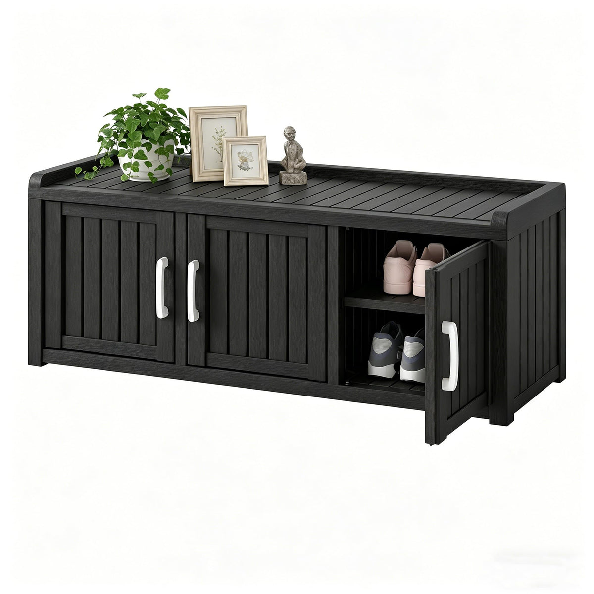 2-Tier Storage Bench, Waterproof UV-Resistant Outdoor Shoe Storage Cabinet with 2 Doors & Adjustable Shelves for Indoor Outdoor Entryway, Hallway, Living Room(Black)