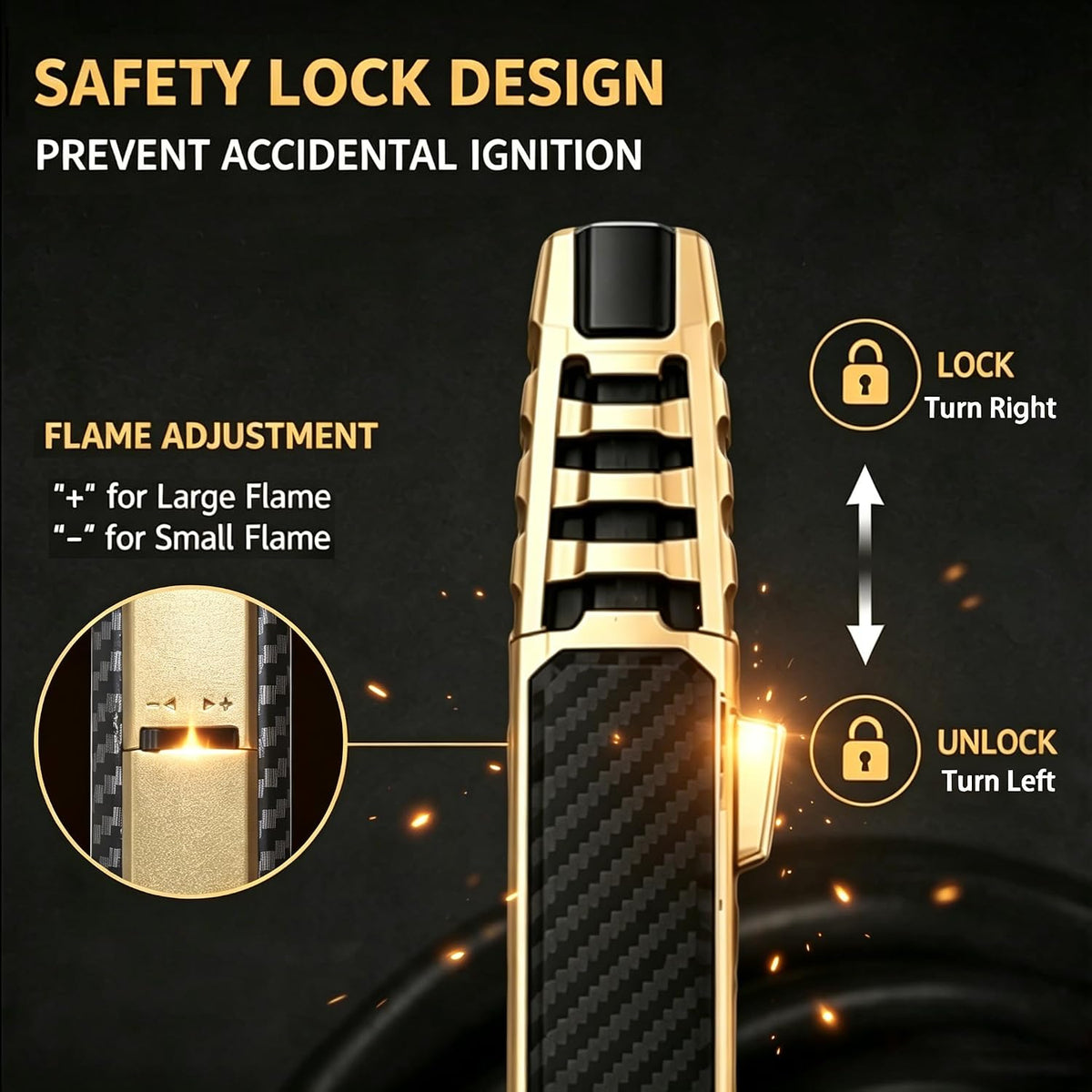 Butane Torch Lighter, Windproof Straight Torch Blue Flame Lighter, Turbine Jet Torch Lighter, Refillable Kitchen Cooking Lighter with Safety Lock for BBQ, Baking(Gas Not Included) (Black+Gold)