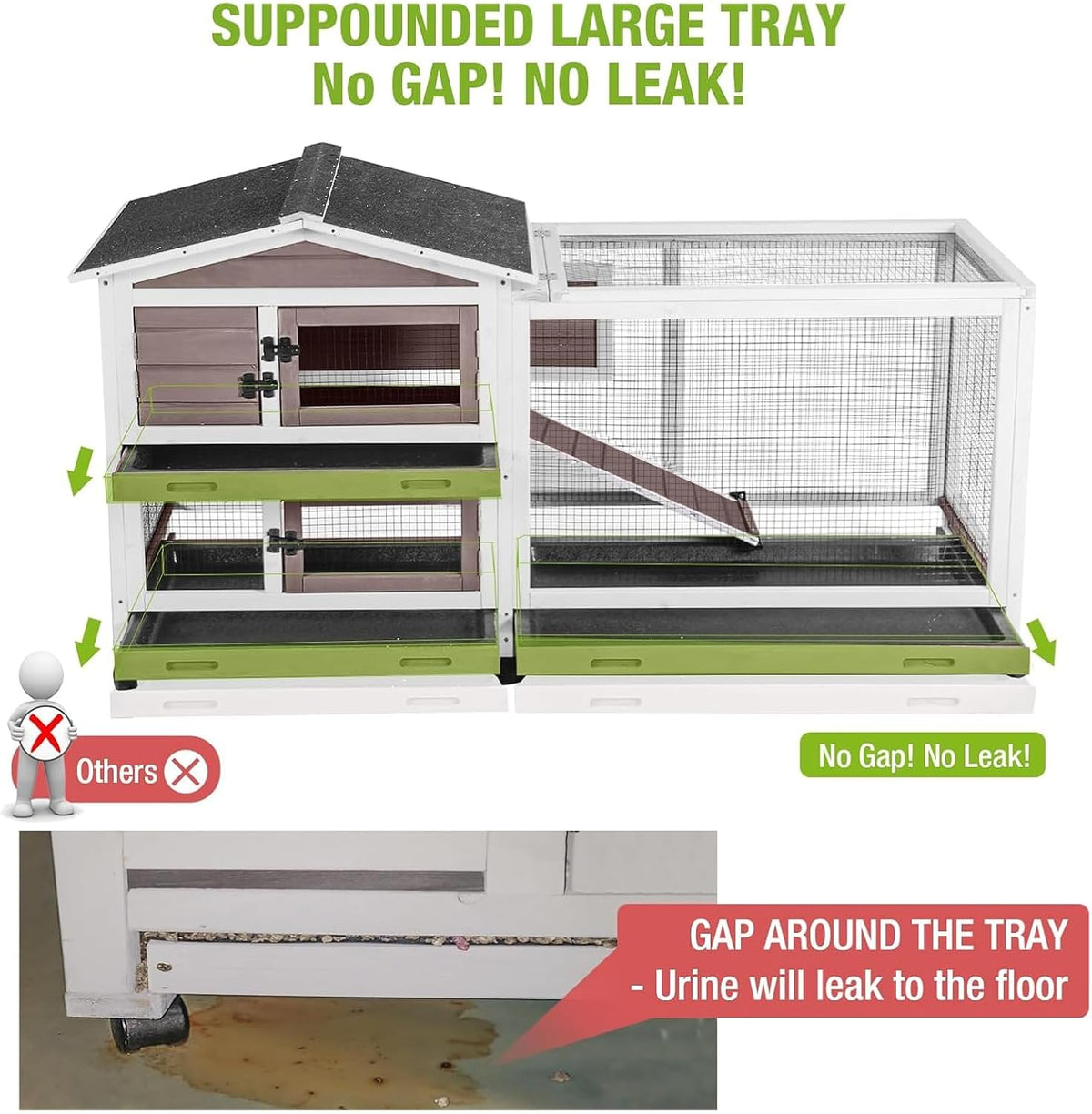 GUTINNEEN Rabbit Hutch with Chew-Resistant Ramp Indoor Bunny Cage Outdoor Guinea Pig Cage with Wheels and Leakproof Tray