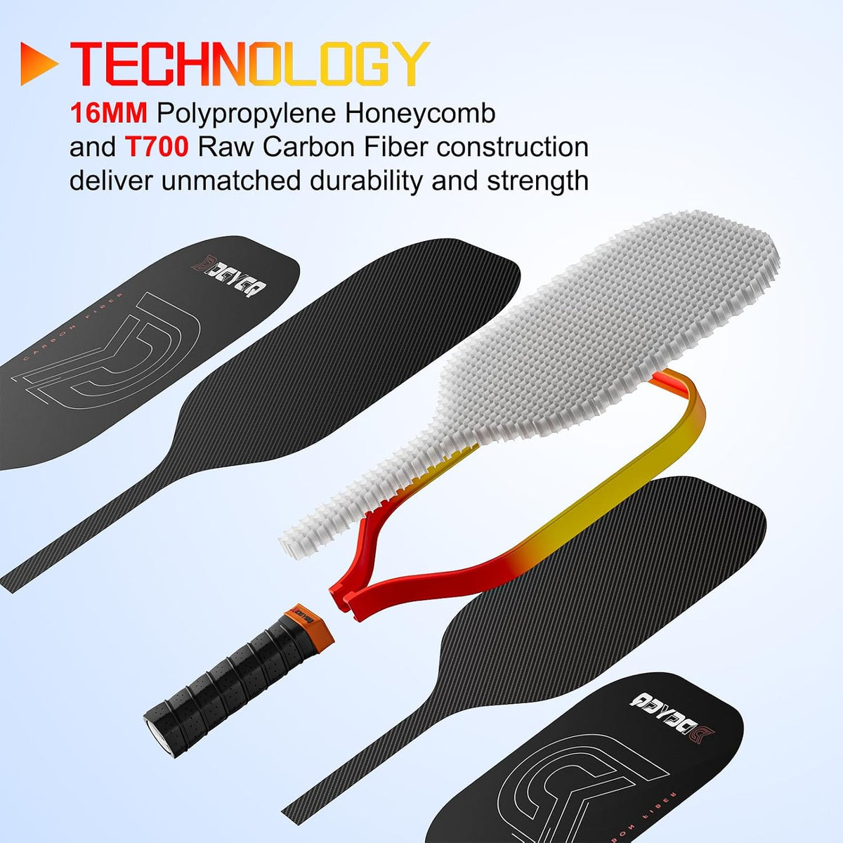 DGYGQ Pickleball Paddles, T700 Raw Carbon Fiber Surface, 16mm Polypropylene Honeycomb Core for All Skill Levels - Larger Sweet Spot for Max Spin, Control & Power