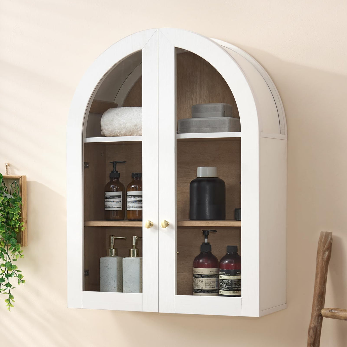 Bathroom Arched Wall Cabinet Over The Toilet Storage Cabinet, 23.5×31.4 Inch bathroom cabinet wall mount with Glass Doors & Adjustable Shelves, Wood Cabinet for Laundry Room, Kitchen, Brown/Natural