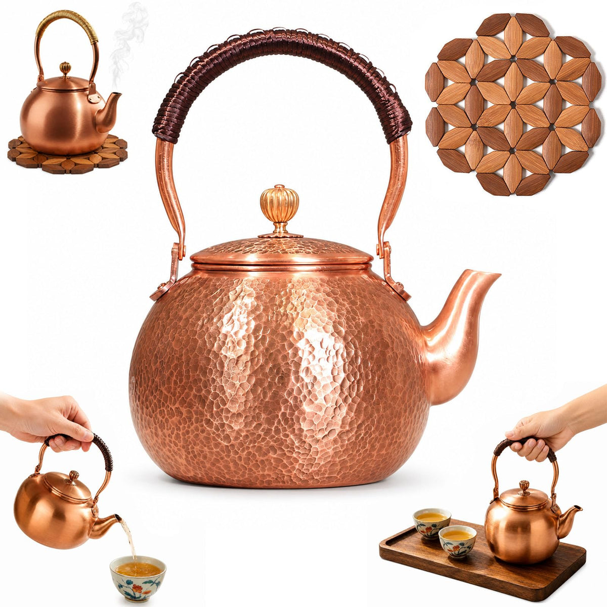 Handmade Copper Stovetop Teapot Kettle, Solid Copper Tea Kettle with Vintage Hammer Design, Thickened Household Boiling Teapot for Induction, Electric, Easy to Clean (A*1200ML)