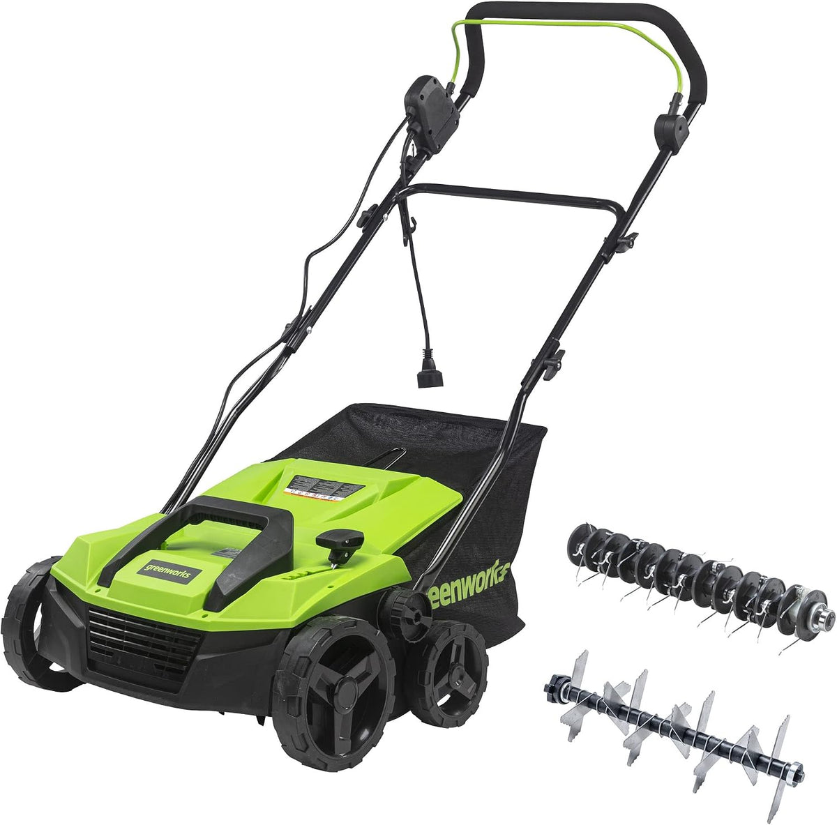 Greenworks 13 Amp 14-Inch Corded Dethatcher / Scarifier, 2-in-1 Electric Lawn Rake with 3-Position Depth Adjustment & Push-Button Start, Lawn Care Tool for Healthy Yard Maintenance