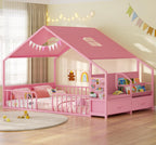 Montessori Full Size Floor Bed, Safety Guardrails, Reading Nook, Pink