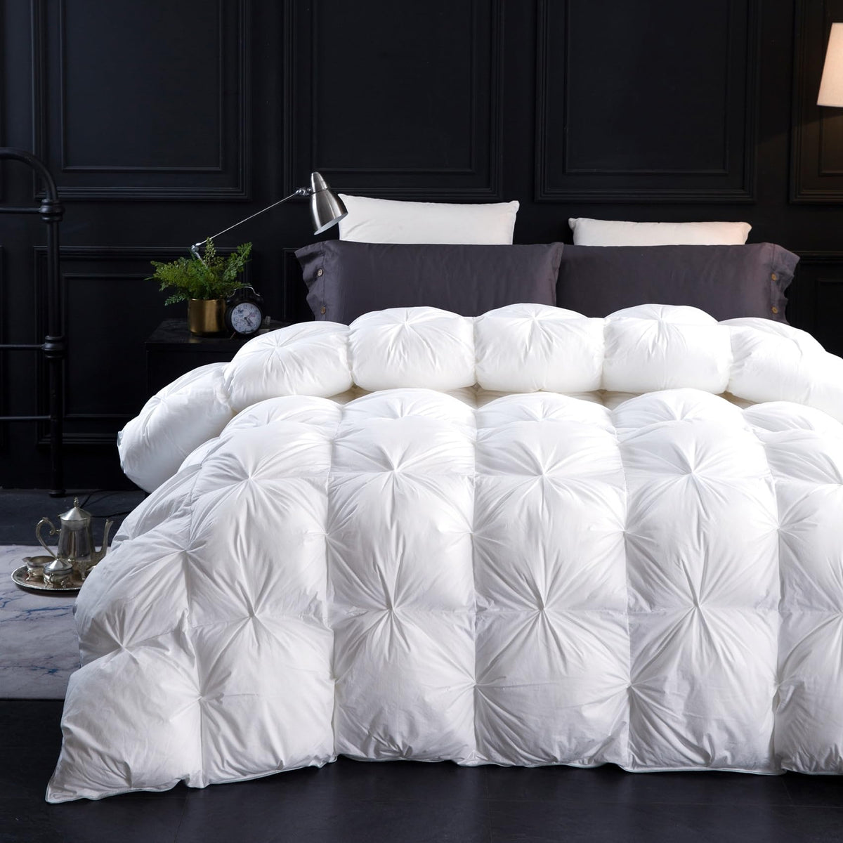 Three Geese Pinch Pleat Waterfowl Feathers and Down Comforter Queen Size Duvet Insert, 1200TC 100% Cotton Fabric, Premium All Seasons BlackGrey Warm Hotel Comforter with 8 Tabs.
