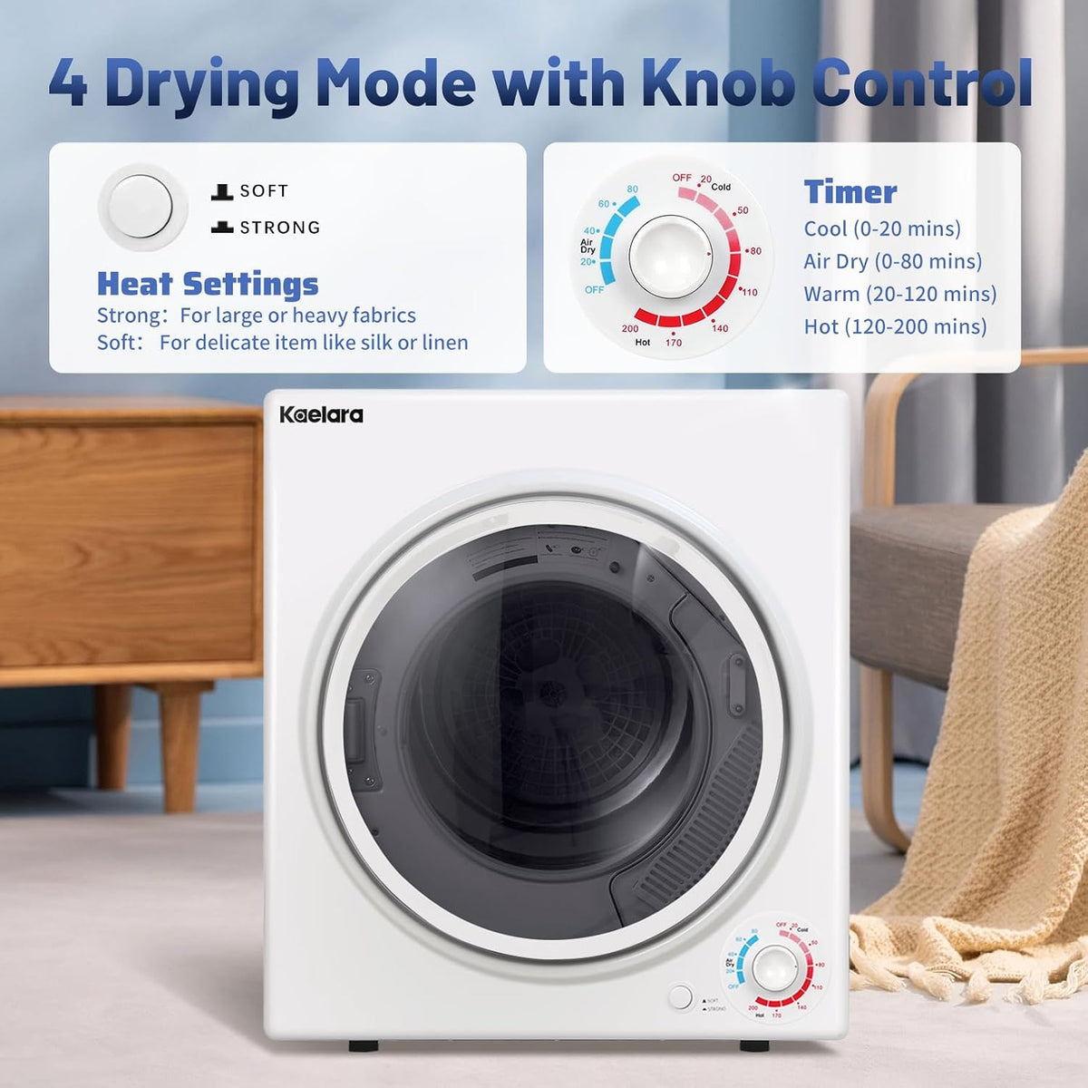 Portable Dryer, 3.5 Cu.ft Portable Dryers for Laundry with Stianless Steel Tub, 1500W Clothes Dryer Machine for Home, Apartment, 4 Dring Mode, Auto-shutt off, White