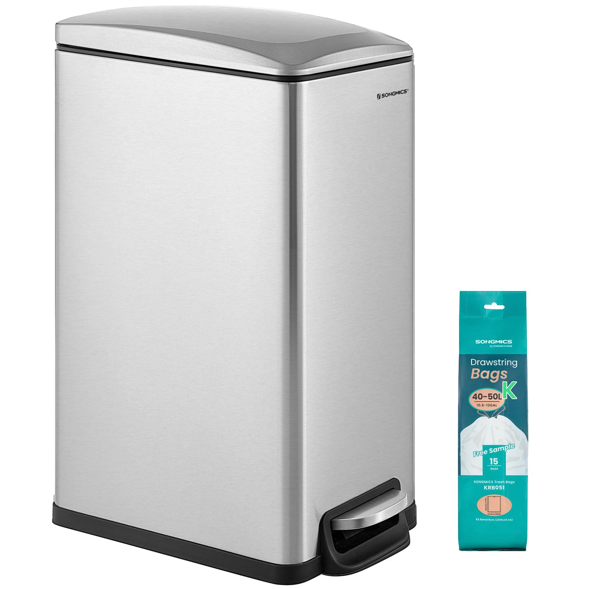 SONGMICS Kitchen Trash Can with Lid, 13-Gallon (50 L) Slim, Stainless Steel