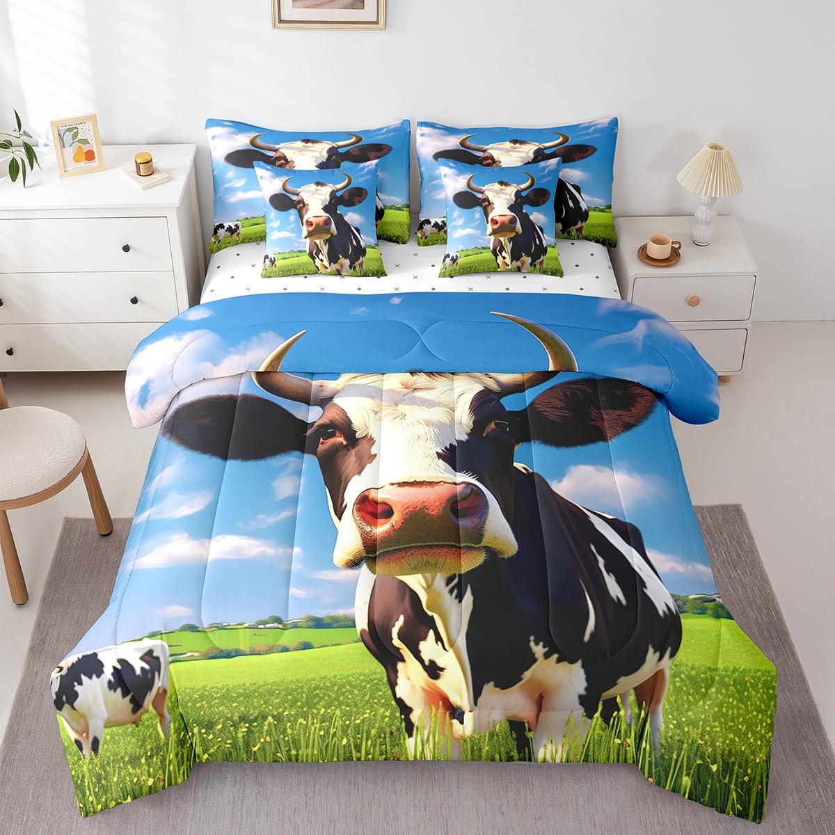 Erosebridal Brown Cow Print King Comforter Set 7 Piece, Simulated Black Cowhide Western Farmhouse Bedding Sets with Sheets, Rustic Highland Cow Skin Bed in a Bag with Fitted Flat Sheet, Pillowcases