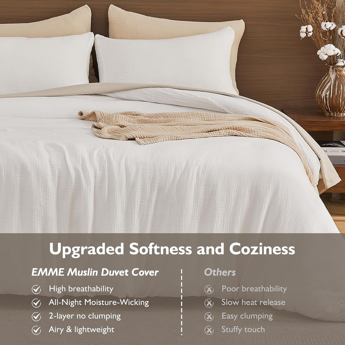 EMME Muslin Cotton Duvet Cover Set Linen Like Cream White King