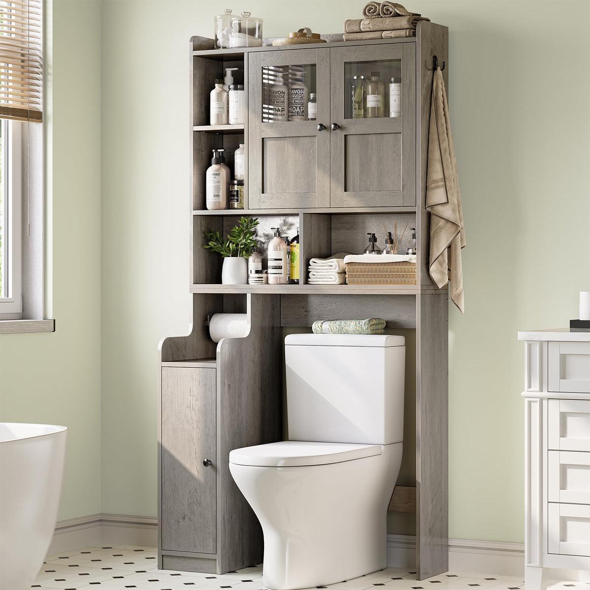 Itaar Over The Toilet Storage Cabinet, Over Toilet Bathroom Organizer with Glass Doors & Toilet Paper Holder Stand, Home Space-Saving Toilet Rack, for Bathroom, Restroom, Laundry(Black)
