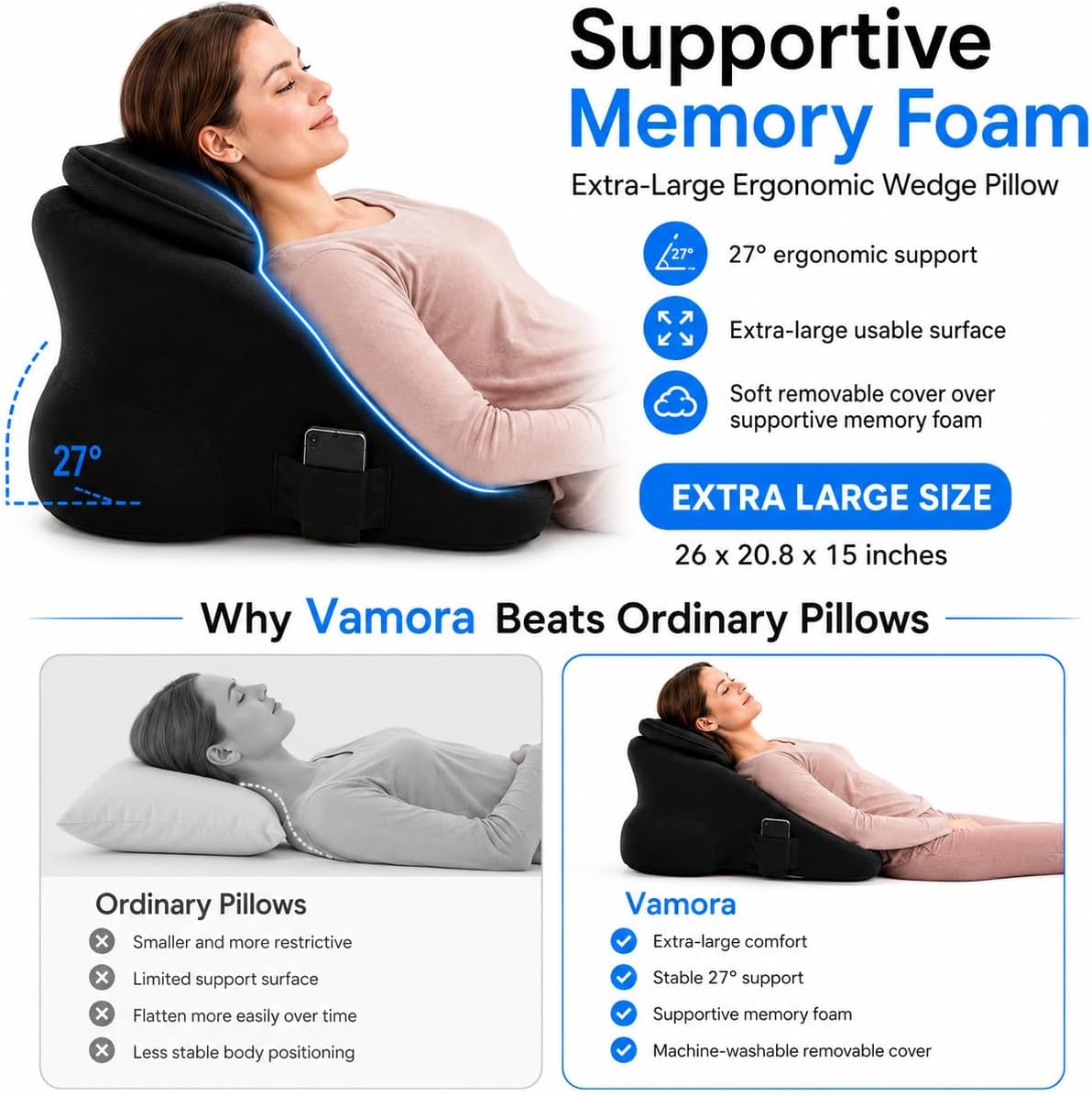 Memory Foam Couples Ergonomic Wedge Pillow Extra Large 27°