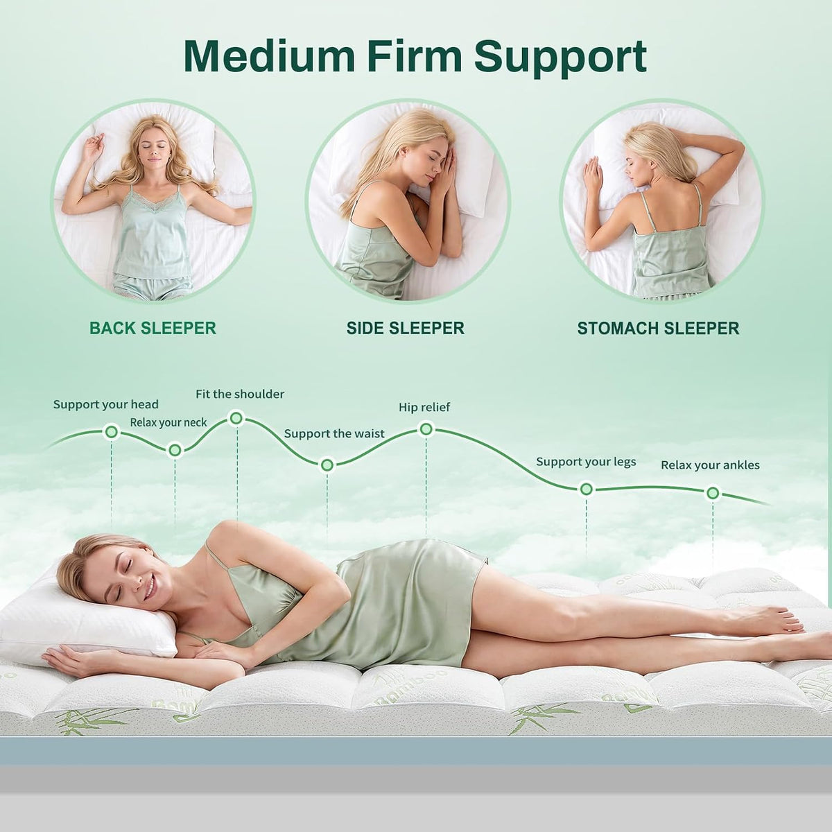 MASVIS 4 Inch King Mattress Topper, 2-in-1 Dual Layer Design, 2" Gel Memory Foam and 2" Pillow Top Mattress Pad Cover, Viscose Made from Bamboo, Pressure Relief & Medium Firm Support
