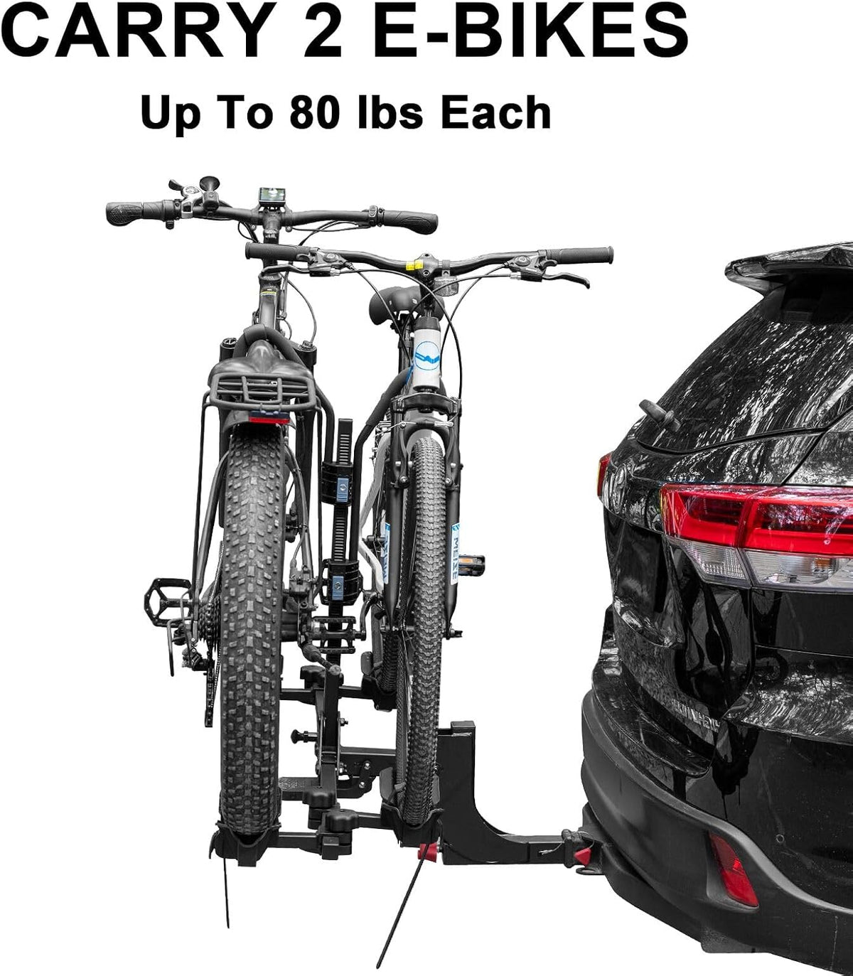 WEIZE 2 E Bike Rack Hitch Mounted, Wobble Free Smart Tilting Folding 2 Bicycle Electric Bike Racks with Lock, 2" Hitch Fits Up to 160 lbs Capacity with Up to 5.5" Fat Tires for Car, SUV, Trucks