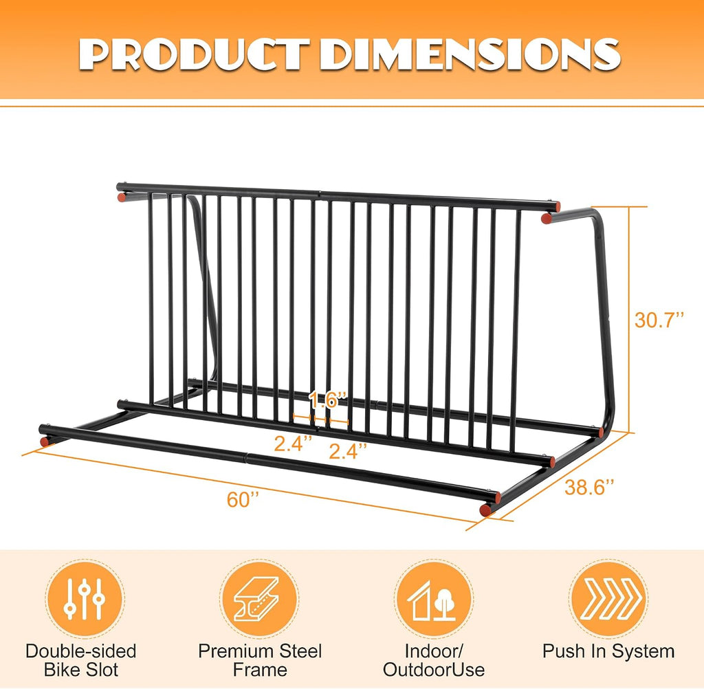 10-Bike Floor Bike Rack, 60” Dual-Sided Freestanding Steel Bike Stand for Garage, Schools & Events, Heavy-Duty Powder-Coated Storage Organizer, Easy Assembly