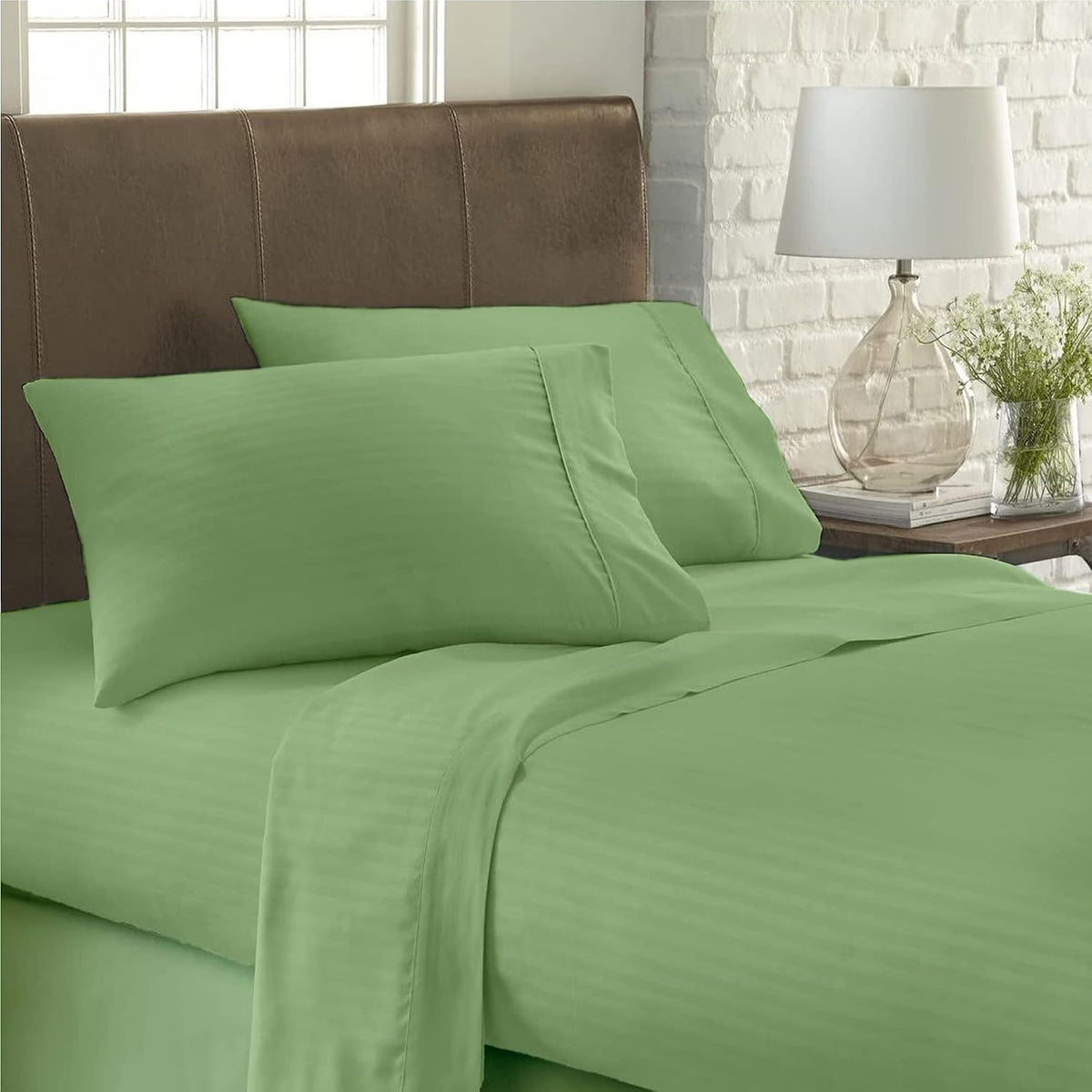 USA Short Queen Sheet Set in Sage Green Stripe 400 Thread-Count 100% Egyptian Long Staple Cotton, Sateen Weave for Soft and Silky Feel, Breathable 4-Piece Bedsheet, Elasticized 24'' Extra Deep Pocket
