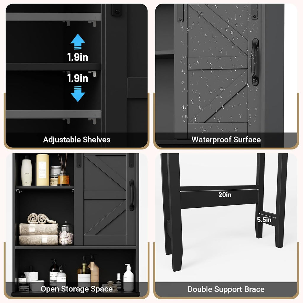 Over The Toilet Storage Cabinet, Bathroom Organizer with Adjustable Shelves and Anti-Tip Device, Space-Saving Storage Solution, Black