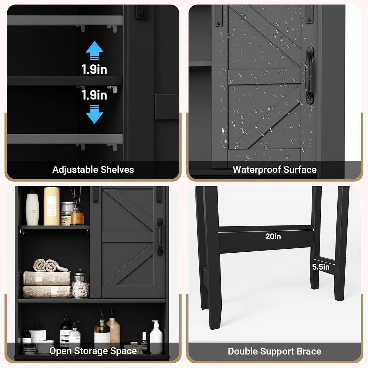 Over The Toilet Storage Cabinet, Bathroom Organizer with Adjustable Shelves and Anti-Tip Device, Space-Saving Storage Solution, Black