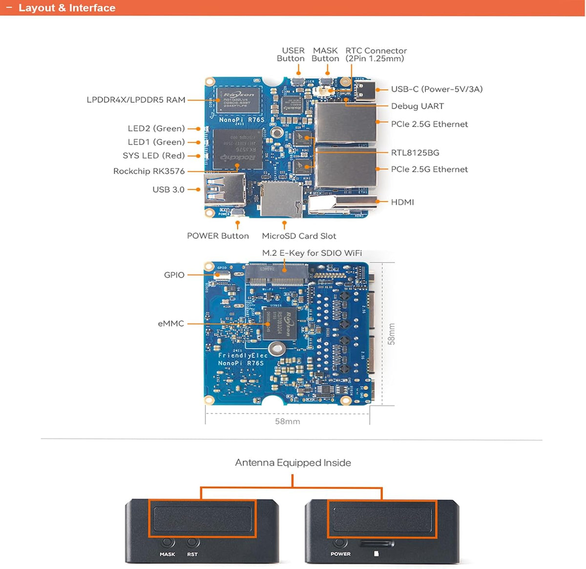 NanoPi R76S Mini Router, RK3576 Octa-Core SoC with 6TOPS NPU AI Model, LPDDR4X 4GB RAM 64GB eMMC, Dual 2.5G Ethernet, Support M.2 Wi-Fi Module (None M.2 WiFi, LPDDR4X 4GB, Power Kit)