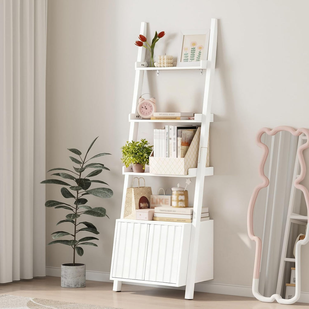 4-Tier Ladder Bookshelf with Storage Cabinet,Display Shelf,White