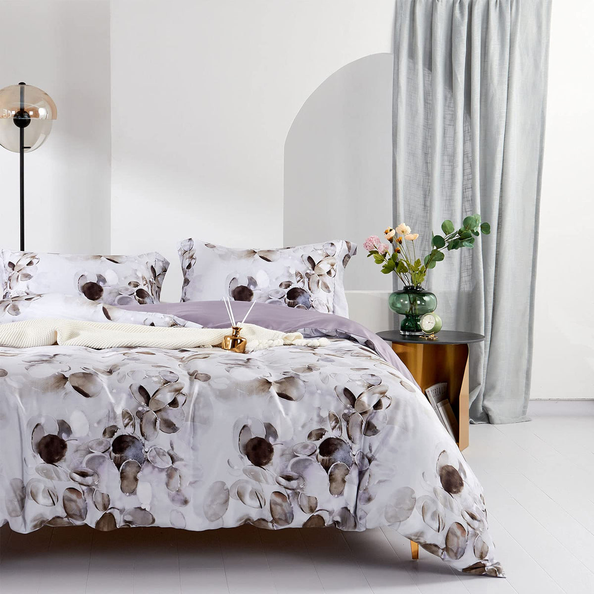 MILDLY White Floral Green Leaves Luxury Duvet Cover Set 3pcs King
