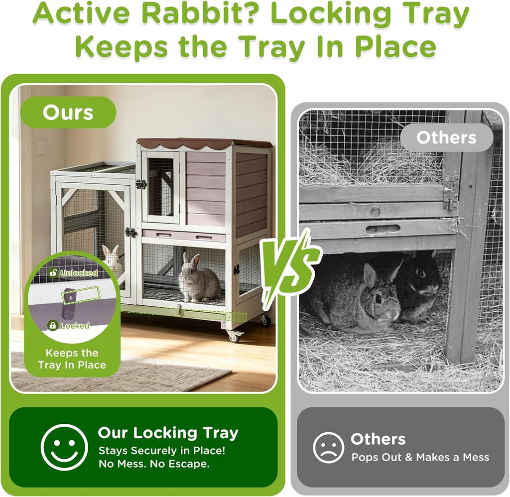 GUTINNEEN 2-Story Rabbit Hutch Indoor Bunny Cage Outdoor Guinea Pig House Wooden Small Animal Cage with Chew-Proof Ramp, Leak-Proof Tray, Lockable Wheels for 2-4 Rabbits, Guinea Pigs (Grey)